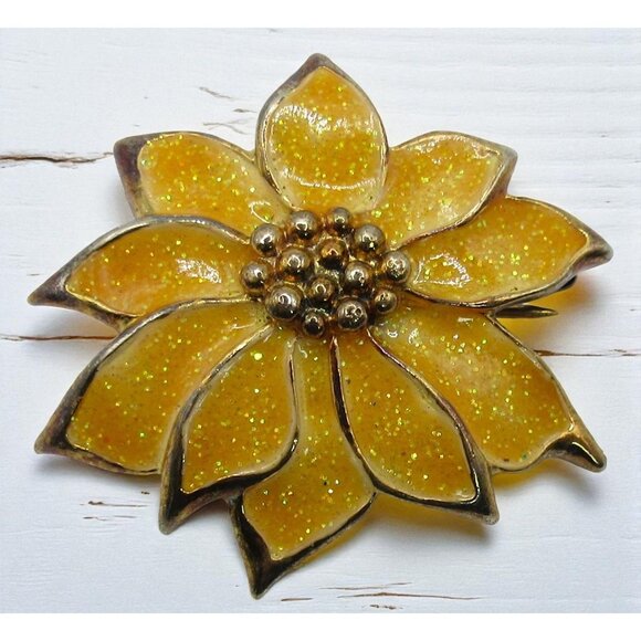 Avon Jewelry - Vintage Avon Yellow Enamel Flower Brooch Pendant Gold Tone Glitter Floral Pin